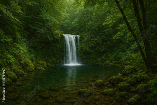 Waterfall cascading through lush jungle foliage.