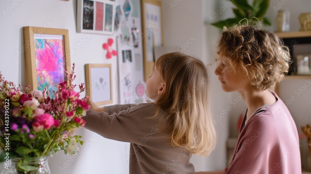 Child and mother engaging in creative art display in a cozy home environment
