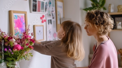 Obraz na płótnie Child and mother engaging in creative art display in a cozy home environment w salonie