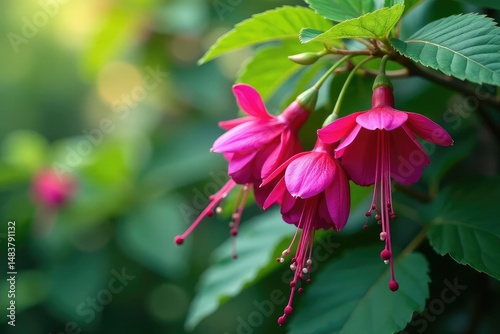 Vibrant fuchsia flowers, intricate leafy details, nature, flowers, background