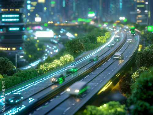 Futuristic AI-driven smart roads and highways featuring autonomous vehicles, intelligent traffic systems, and IoT connectivity. Perfect for technology, transportation, and future mobility concepts.