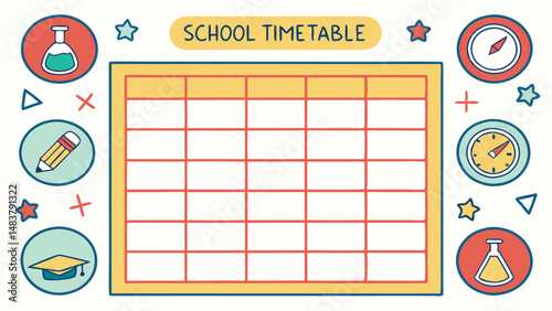 Colorful Printable School Timetable Template for Students featuring a Blank Grid Design with Education Icons like Pencil, Compass, and Graduation Cap for Easy Organization and Planning.