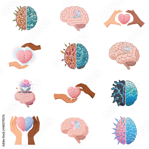 Brain illustrations representing mental health and well being