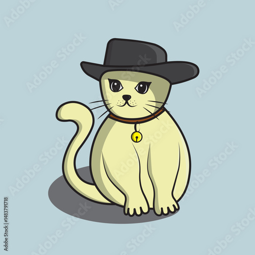 Cartoon Cat with Black Hat Sitting on Light Blue Background


