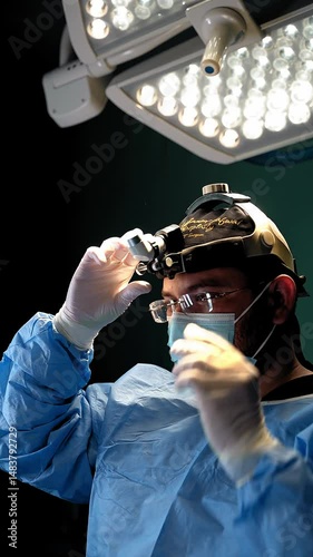 Surgeon and his assistant performing cosmetic surgery on nose in hospital operating room. Nose reshaping. Rhinoplasty. Doctor in gloves holds medical instrument during rhinoplasty.