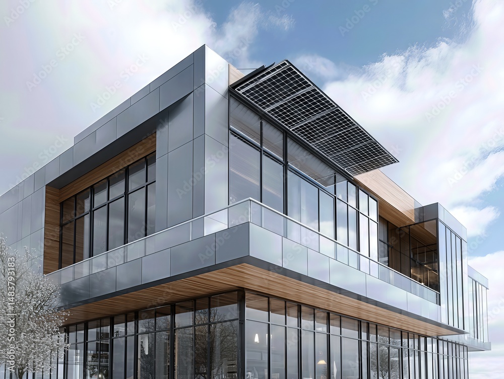 Fototapeta premium Modern office building exterior featuring glass facade and wooden accents, showcasing contemporary architecture and sustainable design elements.