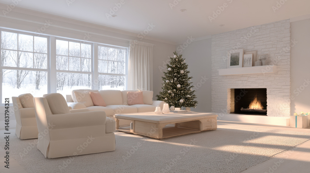 Fototapeta premium serene winter evening in cozy living room adorned with warm decorations and soft glowing lights