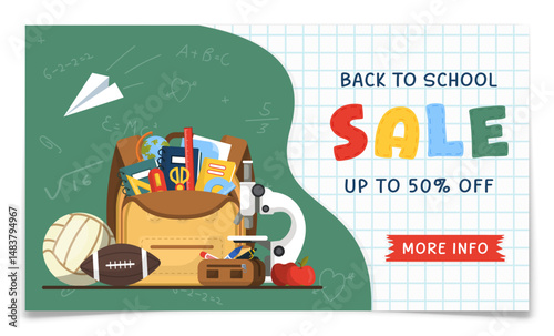 Discount banner for back to school sale. Green chalkboard and graph paper background. Colorful backpack filled with essential school supplies. Discount offer web promo poster. Flat vector illustration