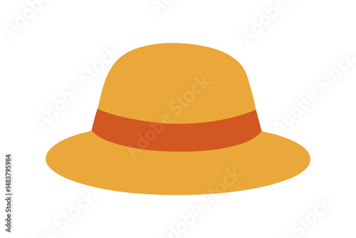 Flat vector illustration of a yellow wide-brimmed sun hat with an orange band, isolated.