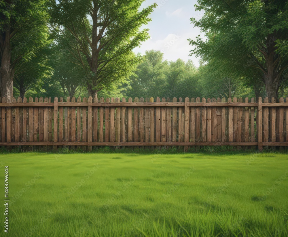 Fototapeta premium Rustic wooden fence, park poster mockup, green grass, trees, outdoor, realistic