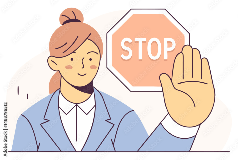 A woman with light brown hair in a bun holds up a large hand in a stop gesture in front of a stylized stop sign. A woman with light brown hair in a bun holds up a large hand in a stop gesture in front of a stylized stop sign.