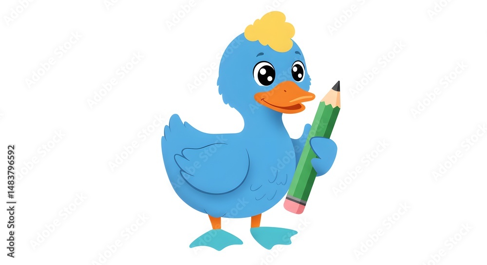 Fototapeta premium Cute Blue Duck Cartoon Character with Pencil