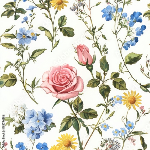 Floral pattern of various flowers on white background. Detailed botanical illustration