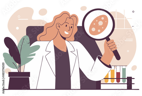 A smiling woman in a lab coat uses a magnifying glass to examine a microscopic organism or cell, with test tubes and a plant in the background.