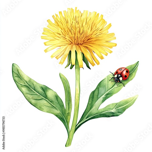 Yellow dandelion flower with ladybug.  Detailed botanical illustration