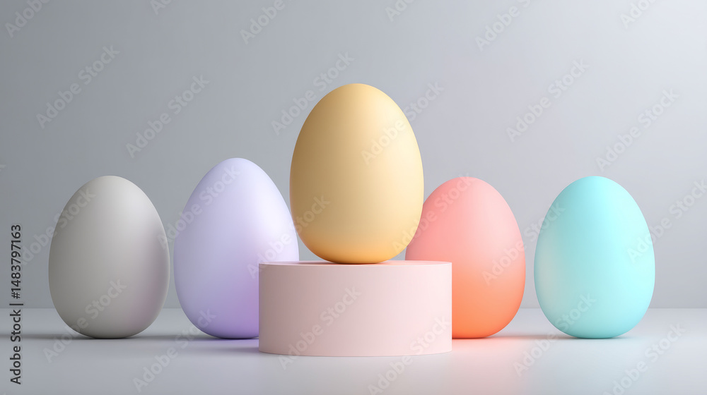Fototapeta premium Colorful decorative eggs arranged artistically on a soft pastel background.