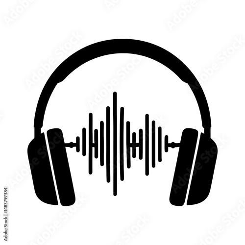 Black Graphic Headphones with Audio Waveform. Graphic Element Vector Icon Representing Music Listening or Sound Output.