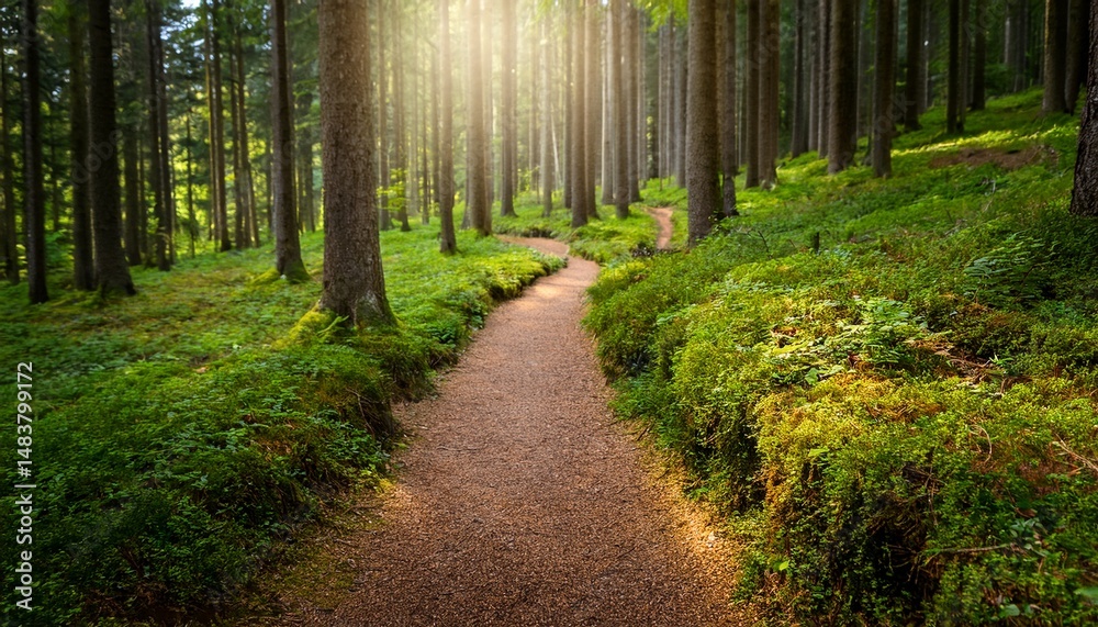 Fototapeta premium nature trail and hiking path in forest forest scene with hiking path straight trail through forest