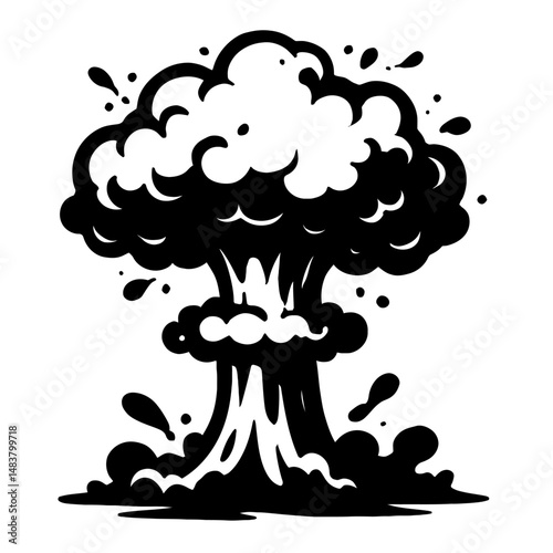 Black Graphic Mushroom Cloud Splash. Graphic Element Vector Icon Representing Nuclear Explosion or Blast.
