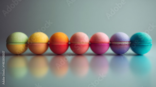 Colorful macarons arranged in a beautiful line, showcasing vibrant pastel hues.
