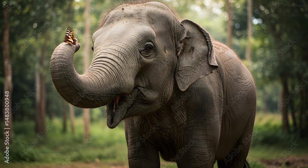 Fototapeta premium Elephant with Butterfly in Lush Forest