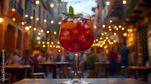 A chilled glass of Calimocho, Red Wine with Cola, deep red with a frothy top, served with ice