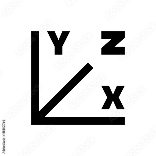 Illustration of a three dimensional coordinate system with x y and z axis in black and white color scheme