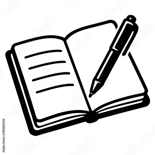 Black Outline Open Notebook with Pen. Graphic Element Vector Icon Representing Writing, Studying, or Notes.