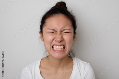 Wallpaper Mural Frustration in Close-Up: A close-up portrait of a woman vividly portrays intense frustration, her facial expression conveying the raw emotion of anger, struggle, and exasperation. Torontodigital.ca