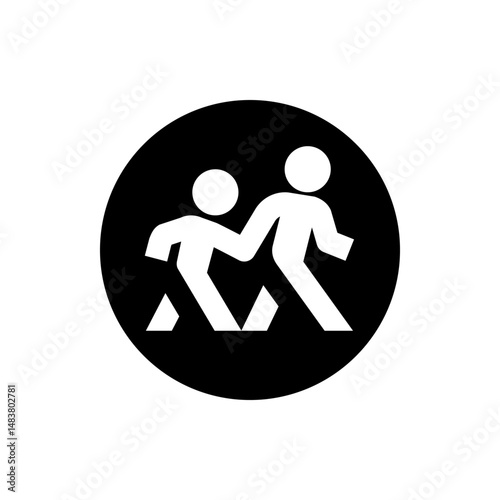 Two abstract figures walking together in a black circle with interconnected arms and stylized legs design