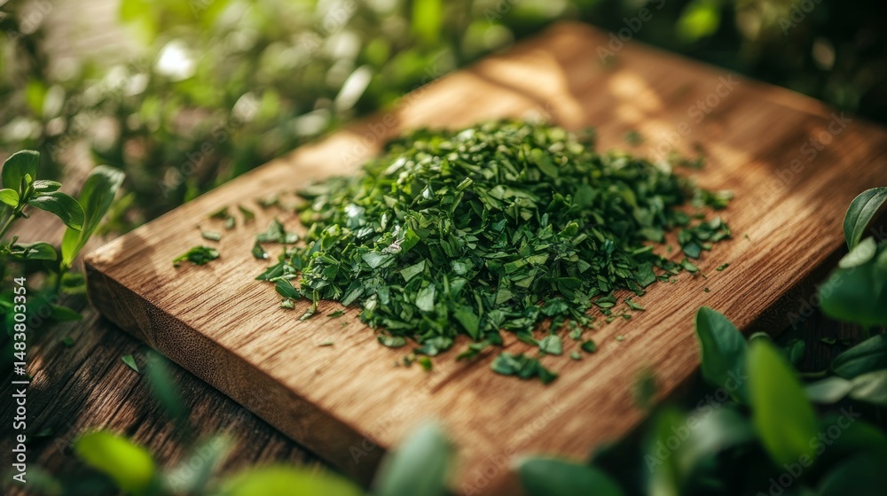 Freshly chopped herbs on a wooden cutting board in a sunny kitchen setting surrounded by greenery Freshly chopped herbs on a wooden cutting board in a sunny kitchen setting surrounded by greenery