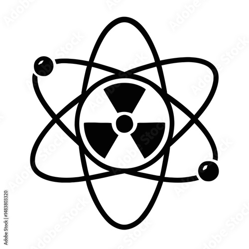 Black Graphic Atom with Radiation Symbol. Graphic Element Vector Icon Representing Nuclear Energy or Atomic Power.