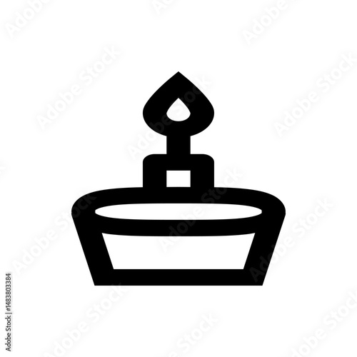 Illustration of a black spirit lamp with a flame on top and a square opening in the center design element