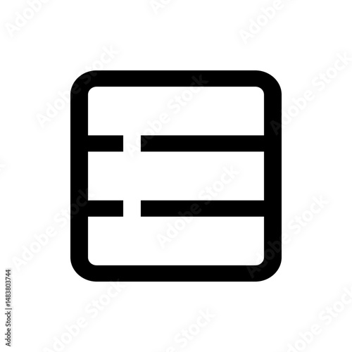 Black outlined square containing three horizontal lines with gaps on the left side of the lines icon