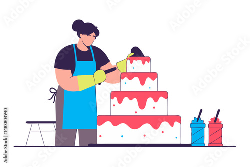 A pastry chef in a blue apron and yellow gloves is decorating a tiered cake with pink frosting.
