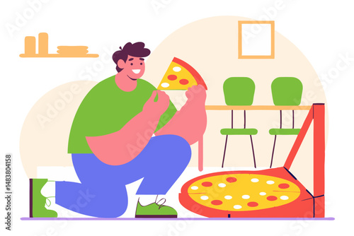 A smiling man kneels on the floor, holding a slice of pizza with both hands, next to an open pizza box.
