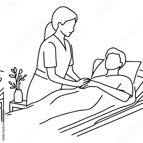 Nurse caring for patient in hospital bed with line art style - Concept of single line contour vector image  