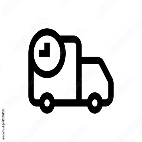 Black outline of a delivery truck with a clock icon indicating timely or express shipping service icon design