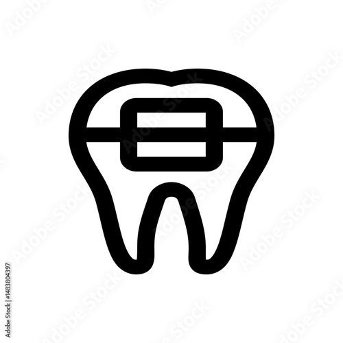 Illustration of a tooth with black outline and braces for dental care and orthodontic treatment shown