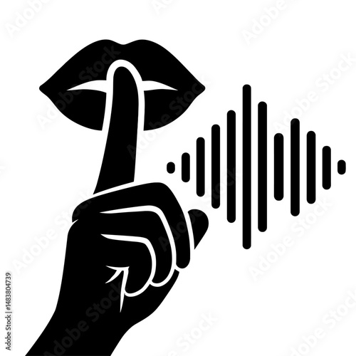 Black Silhouette Silence Shushing. Graphic Element Vector Icon Representing Quiet, Mute, or No Sound.