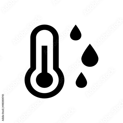 Illustration of a thermometer with a bulb and three water droplets indicating humidity and moisture level