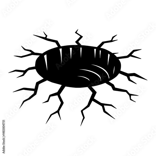 Black Graphic Ground Hole or Crack. Graphic Element Vector Icon Representing Damage, Pit, or Sinkhole.