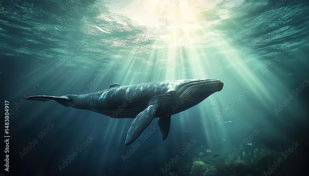 Naklejka premium A humpback whale swimming underwater with sunlight streaming through the surface