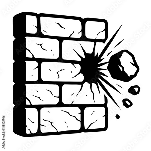 Black Graphic Broken Brick Wall. Graphic Element Vector Icon Representing Impact, Damage, or Breaking Through.