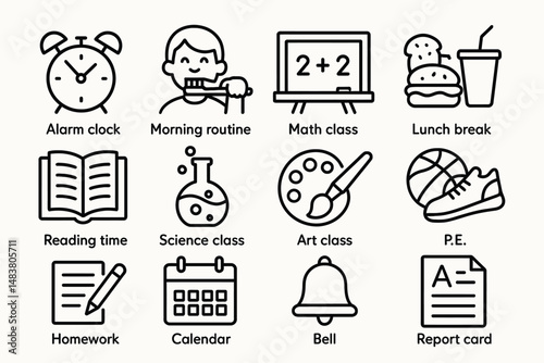 Daily school routine icons: clock, brush, math, lunch, reading, science, art, pe, homework, calendar