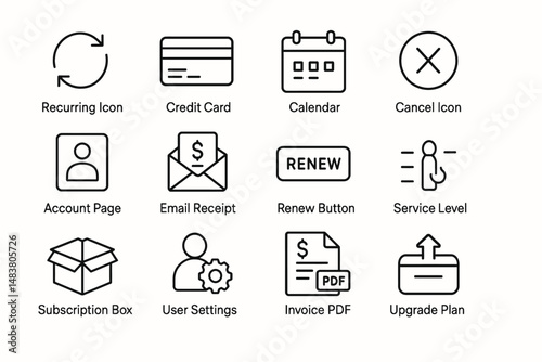 Business interface icons set: credit card, calendar, account page, pdf, subscription