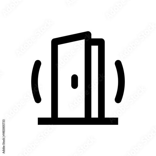 Illustration of an open door with a handle and curved lines indicating movement or swinging action design is black