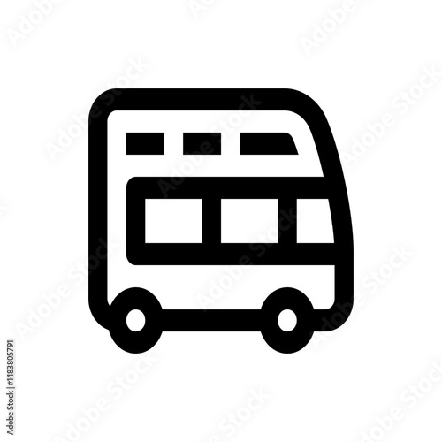 Illustration of a black and white double decker bus with windows and wheels in a simple outline style design