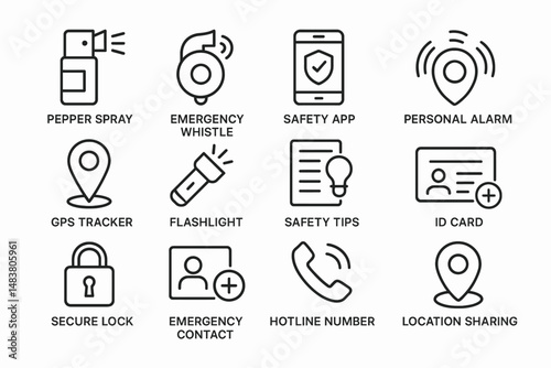 Personal safety tools: pepper spray, emergency whistle, safety app, personal alarm icons