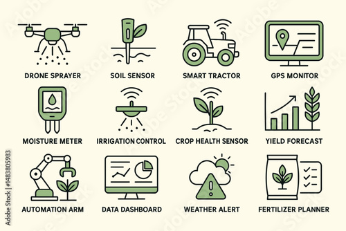 Smart farm technology icons: drone sensor tractor automation forecast system